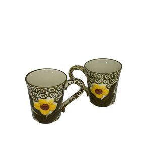 VTG Temp-Tations Old World Green Yellow Flower Coffee Mug Set of 2 12oz